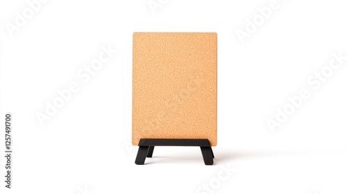 Minimalistic cork board on a black stand, isolated on a white background, ideal for presentations