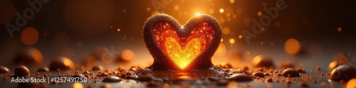 Golden heart melting in rich hot chocolate, steam rising ,  warmth, luxury,  golden