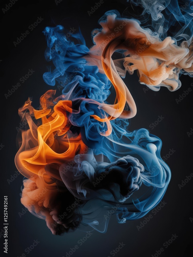 Fototapeta premium Abstract Ink Dance: A mesmerizing swirl of blue and orange ink creates an ethereal, abstract form against a dark background. The vibrant colors blend and contrast.