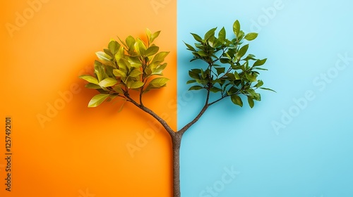 Split tree, contrasting colors, vibrant leaves, growth concept, environmental background, sustainability illustration