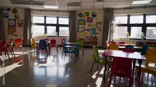 Slow Motion Shot of an Empty Classroom in a Daycare Center – Bright and Colorful Learning Space, Small Chairs and Tables, Educational Atmosphere, Quiet Preschool Setting, Playful Decorations