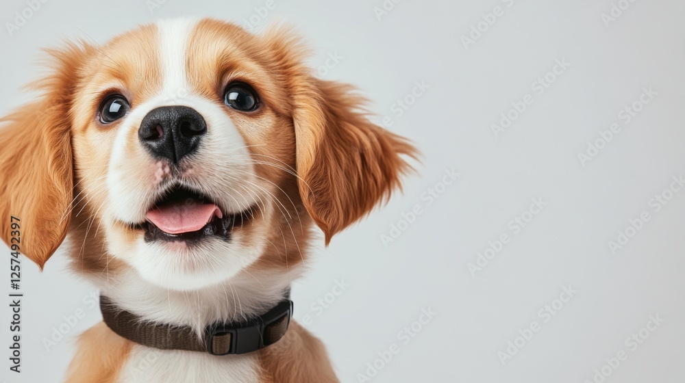 Cute dog with a brown collar and white fur is smiling Cute dog with a brown collar and white fur is smiling