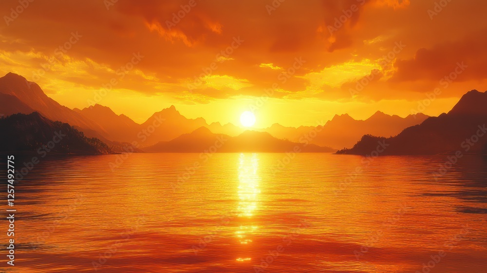 Naklejka premium Serene sunset over tranquil waters with mountains in the background reflecting golden hues