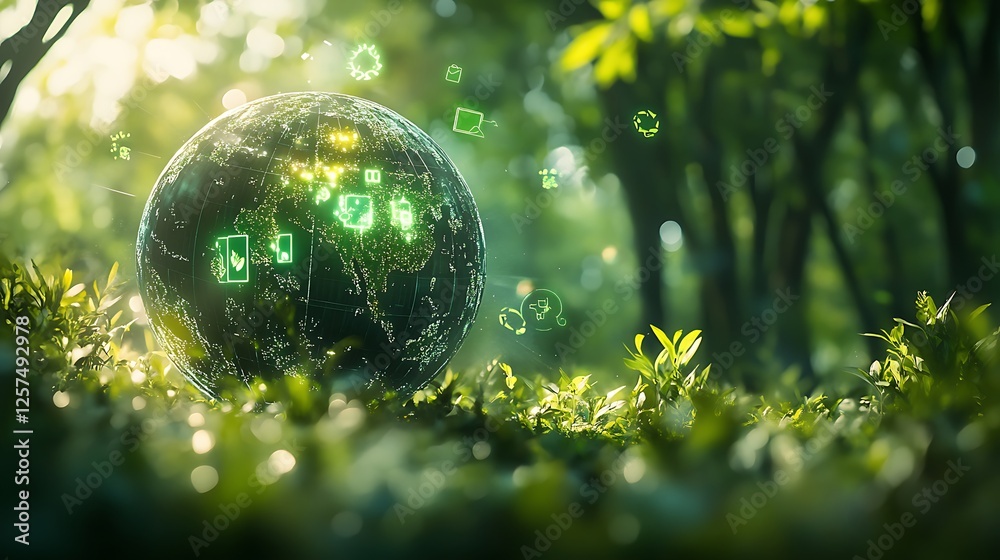 Digital Globe and Technology Icons in Forest, A globe with green technology icons floating above Digital Globe and Technology Icons in Forest, A globe with green technology icons floating above