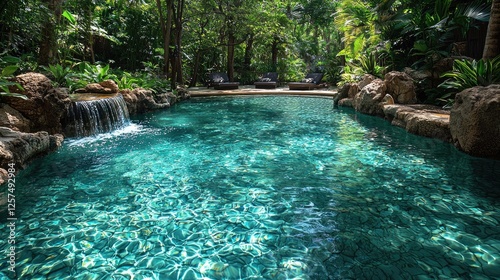 Serene tropical pool surrounded by lush greenery, featuring a gentle waterfall and lounge chairs
