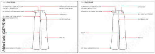 Women 90s Leather Pants Fashion Design Technical Tech Pack. 