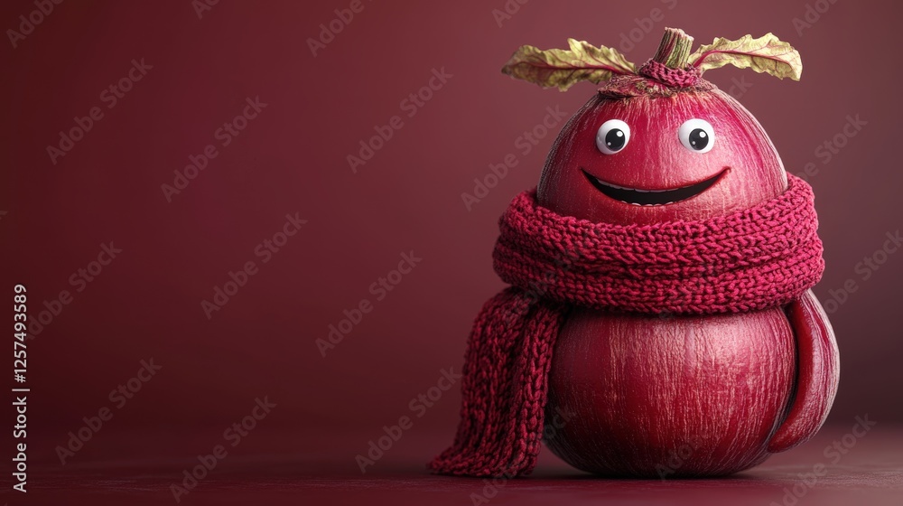Fototapeta premium Smiling beet with a scarf on a burgundy background promoting happiness and equality