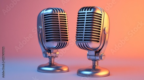Two vintage microphones facing each other on a gradient background; podcast, interview, discussion concept