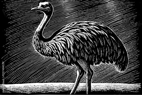 funny ostrich close up black and white hand drawn sketch