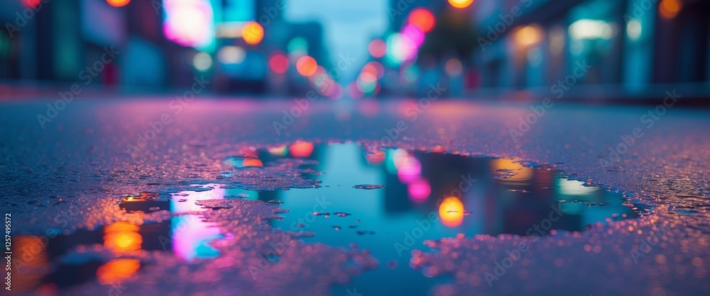 Obraz premium Neon Reflection in Puddle on Urban Street.