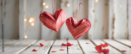 Two handmade red hearts hanging from a rustic wooden background are celebrating Valentine's Day. photo