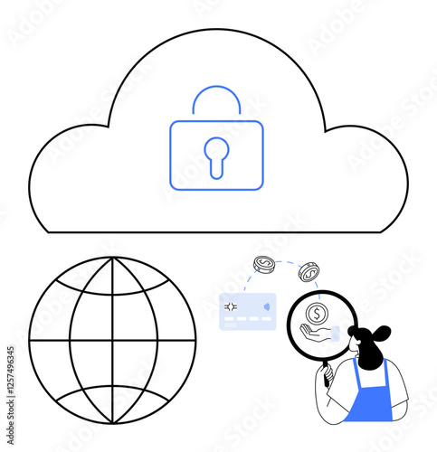 Cloud with lock icon, globe grid, person examining credit card with magnifying glass, and biometrics. Ideal for data security, privacy, global networks, financial protection, identity verification