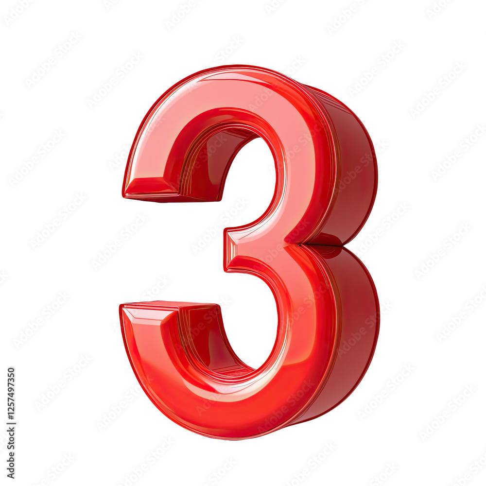 Red 3D Number Three, White Background, Glossy, Digital Red 3D Number Three, White Background, Glossy, Digital