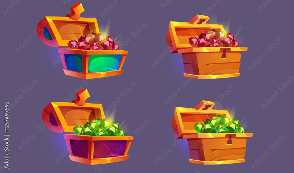 Chests with precious stones of ruby and emerald. Set of chests made of wood and stone of different colors and shapes in a golden frame. Pirate chests filled with valuables for the game. Vector carto Chests with precious stones of ruby and emerald. Set of chests made of wood and stone of different colors and shapes in a golden frame. Pirate chests filled with valuables for the game. Vector carto