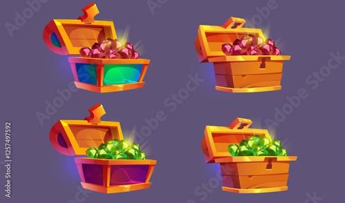 Chests with precious stones of ruby ​​and emerald. Set of chests made of wood and stone of different colors and shapes in a golden frame. Pirate chests filled with valuables for the game. Vector carto