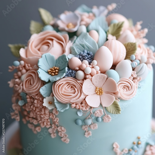 Elegant Easter cake with pastel sugar flowers, eggs and meringues in blush and mint tones