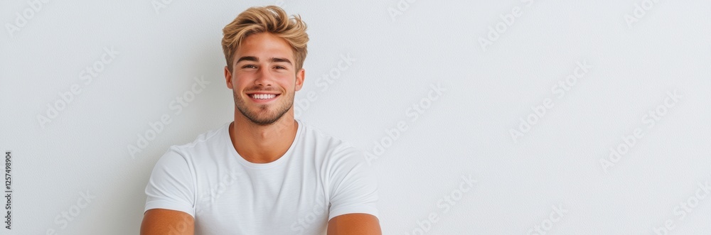 Fototapeta premium Man with a white shirt and blonde hair is smiling at the camera