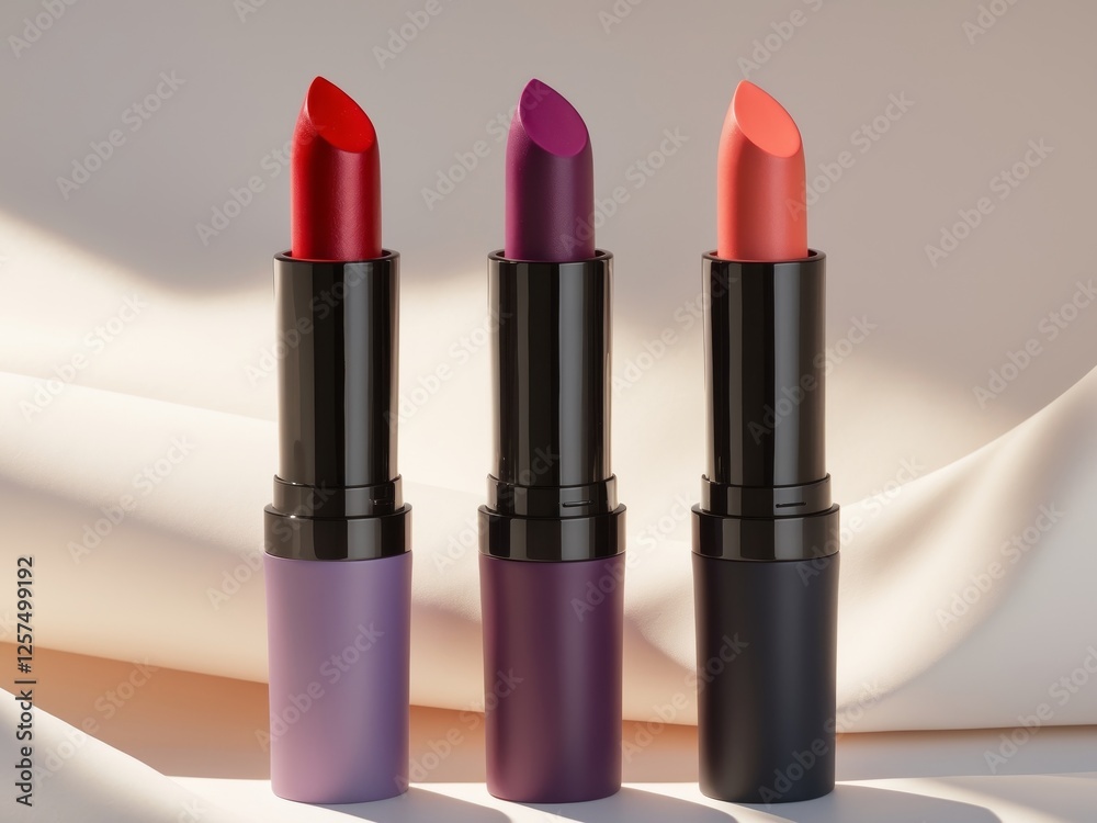 Three different colored lipsticks are shown side by side Three different colored lipsticks are shown side by side