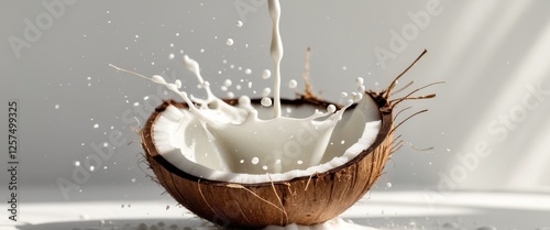 Creamy Coconut Milk Splashing in Coconut Shell. photo