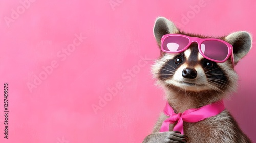Raccoon wearing pink sunglasses and a pink bow tie