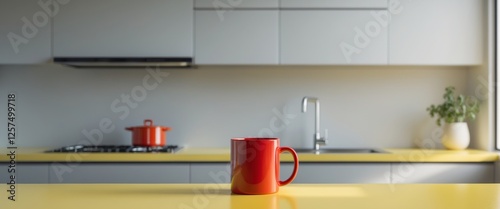 Vibrant Red Mug on Bright Yellow Counter in Modern Kitchen Interior Design Setting photo