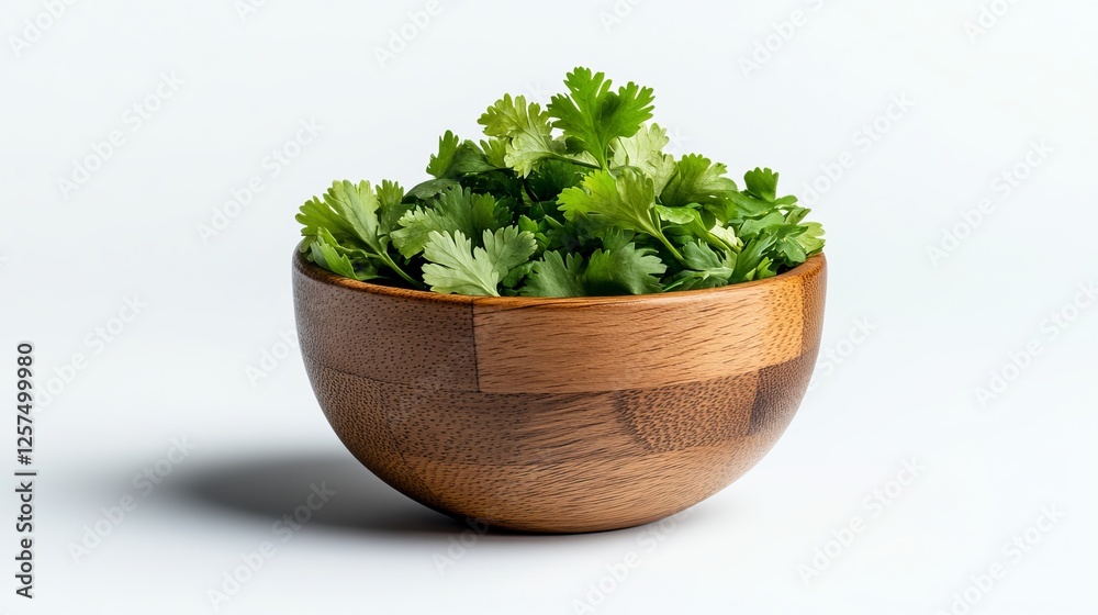 Fresh green cilantro in a wooden bowl on a light background. Fresh green cilantro in a wooden bowl on a light background.