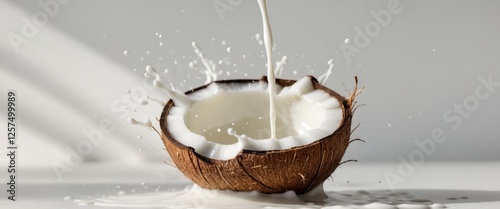 Creamy Coconut Milk Splashing in Coconut Shell photo