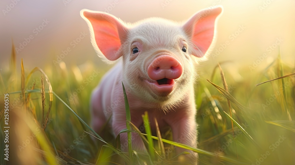 Smiling Baby Piglet Eating Grass in a Lush Green Field - Happy Animal with Appetite for Food Smiling Baby Piglet Eating Grass in a Lush Green Field - Happy Animal with Appetite for Food