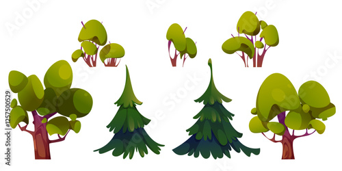 Trees and bushes of spring or summer season. Elements of nature landscape. Cartoon vector set of green trees and bushes, for garden forest or park. Forest and yard plants.