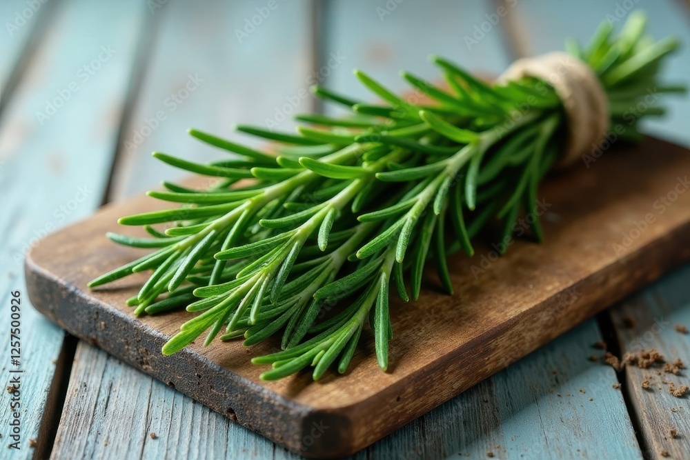 Aromatic Sprig of Fresh Rosemary on Rustic Wooden Board Aromatic Sprig of Fresh Rosemary on Rustic Wooden Board