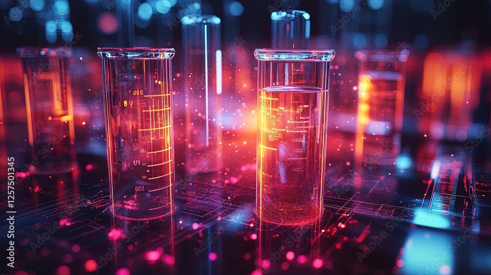 Abstract background with glowing laboratory equipment, test tubes, and digital energy streams Abstract background with glowing laboratory equipment, test tubes, and digital energy streams