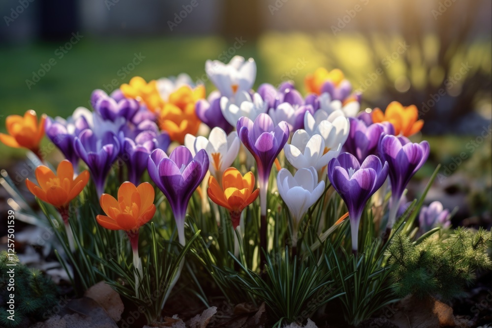 Spring Blooming Crocus Flowers in Beautiful Garden Bed. Closeup of Colorful Hybrid Blossoming Crocus Plants Spring Blooming Crocus Flowers in Beautiful Garden Bed. Closeup of Colorful Hybrid Blossoming Crocus Plants