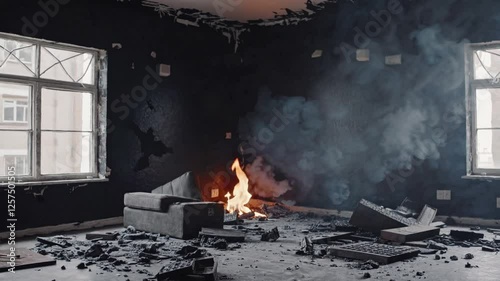 Slow Motion Shot of an Indoor View of a House with Fire Damage After the Fire Ends – Charred Walls and Burnt Furniture, Smoke Residue, Destruction Aftermath, Devastating Disaster Scene, Ruined Home