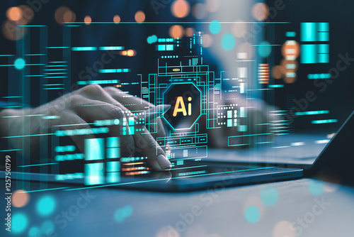 Humans are using laptops and computers to interact with AI, helping them create, code, train AI, or analyze big data with fast, cutting-edge technology.

