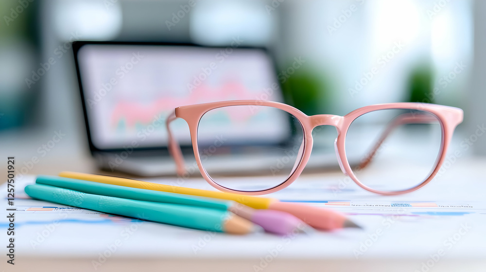 Office desk, eyeglasses, pencils, charts, laptop. Business analysis Office desk, eyeglasses, pencils, charts, laptop. Business analysis