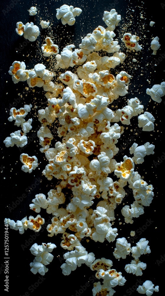 Fototapeta premium Falling popcorn creates a playful cascade against a dark background showcasing texture and motion in high-resolution clarity