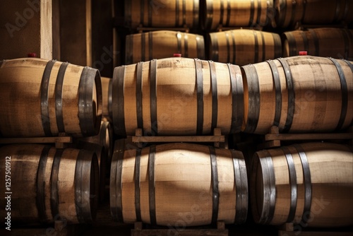 Stacks of Wine Barrels in the Winery's Cellar. Rows of Vintage Wooden Barrels Towering Up in a White Room