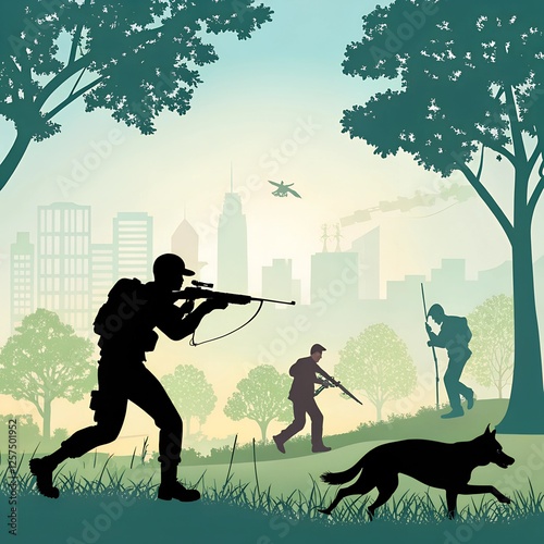 Man outdoor hobby activity set vector silhouette illustration isolated. Archer boy with bow arrow. Sport hunter man with rifle. Paintball action in park. Mature male urban dog running German shepherd photo