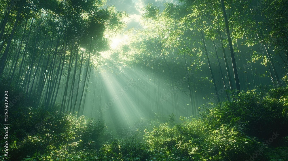Fototapeta premium Serene bamboo forest with sunlight streaming through lush greenery, creating a tranquil atmosphere