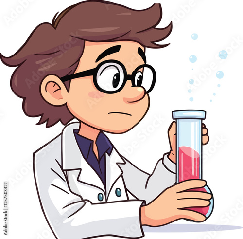 Illustration of a scientist in a lab coat, observing a chemical reaction in a test tube, on a white background 