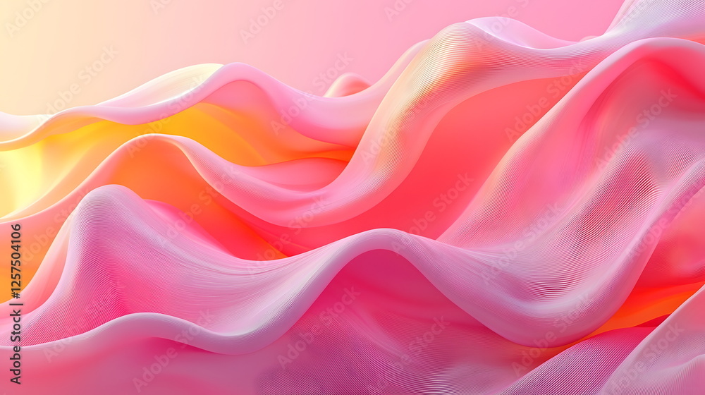 Obraz premium Soft flowing fabric in vibrant shades of pink and yellow with gentle wave patterns and light reflections
