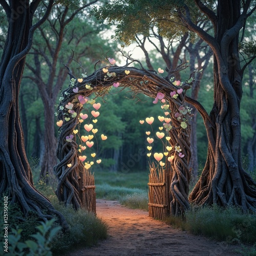 Mystical Archway Framed By Trees With Heart Shaped Lights In Enchanting Forest At Dusk Environment Scenery Panorama Photography Romantic Scene With Glow And Sparkle Of Nature And Trees With Glowing