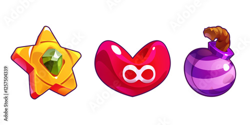Game asset icons, gold star, heart of lives and booster grenade. Achievements for games, boost. Interface, Customer feedback rating. Vector cartoon
