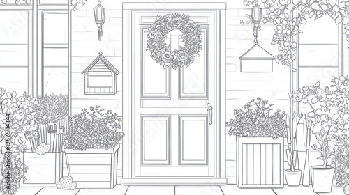 Festive front porch, wreath, plants, spring, home decor, greeting card