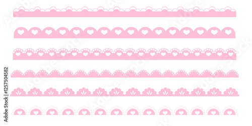 Scalloped pink border simple cute divider with heart and dots ornament edge cutout decoration isolated on white background. 
