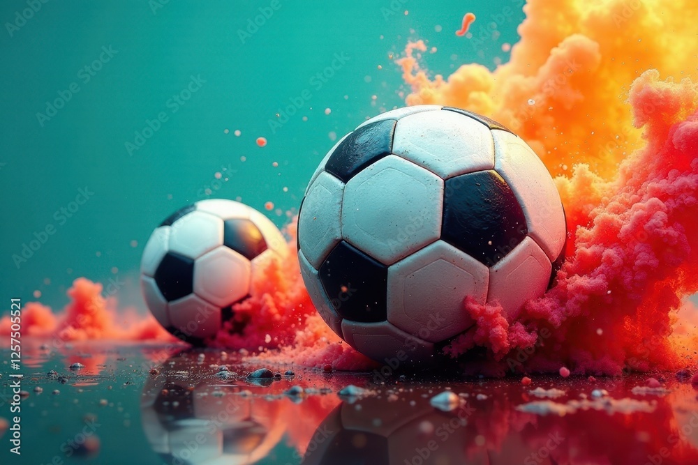 Fototapeta premium Dynamic soccer balls exploding in vibrant colored smoke and reflecting on a glossy surface