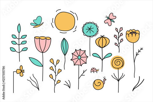 Vector set with different Spring or Summer abstract Flowers. Hand drawn background with blooming plants, sun, ladybug, butterfly for web, print, paper, card, sign. Design card for seasons and holidays