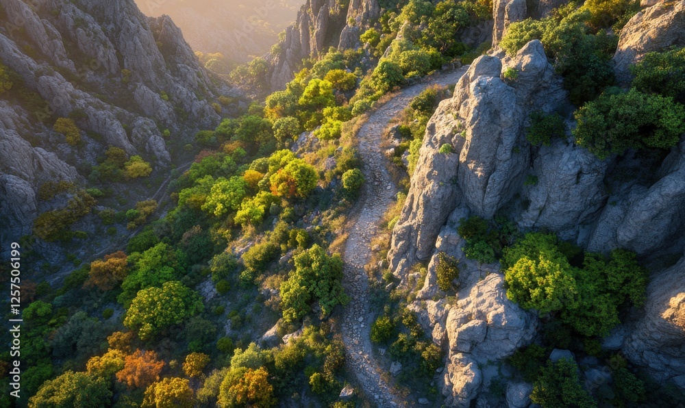 Obraz premium Aerial view of winding mountain road, autumn foliage, rocky cliffs, sunlight