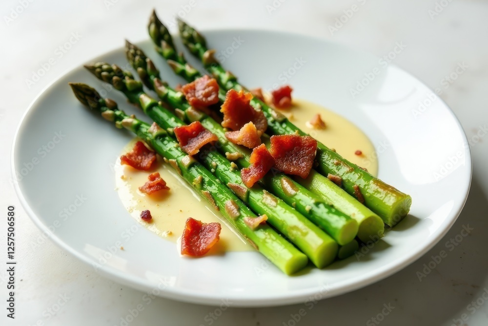 Delectable Asparagus Spears with Crispy Bacon Bits and Creamy Sauce on a White Plate Delectable Asparagus Spears with Crispy Bacon Bits and Creamy Sauce on a White Plate