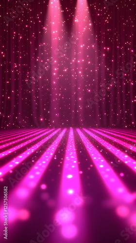 Bright pink stage lights illuminating sparkling glitter background in a vibrant performance setting with beams.